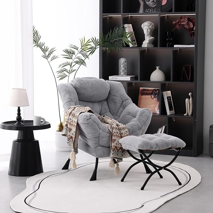 Lazy Chair with Ottoman, Modern Soft Reading Chair Accent Contemporary Lounge Leisure Sofa Chair with Armrests and a Side Pocket for Living Room, Bedroom, Dorm & Office, Plush Grey - LeafyLoom