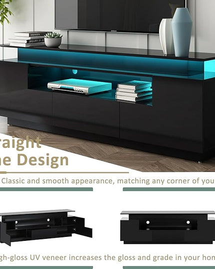 Modern Functional Stand with Color Changing LED Lights and Storage Space, High Gloss Television Cabinet for TVs Up to 75+'' for Living Room Furniture, 75 inch, Black - LeafyLoom