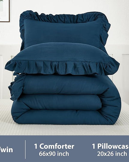Andency Navy Blue Comforter Twin Size, 2 Pieces Kids Bed Comforter Set, Solid Ruffle Shabby Chic Farmhouse Comforter, Lightweight Soft Down Alternative Microfiber Bedding Set - LeafyLoom