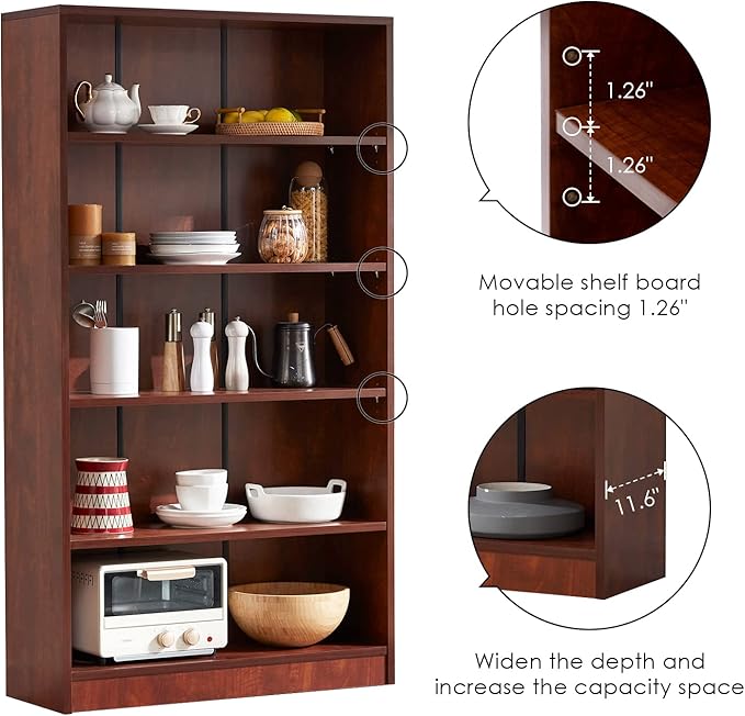 Farini Cherry Bookshelf 5 Shelf Office Bookcase 60 Inches Tall Modern Wood Bookshelf for Living Room Office - LeafyLoom