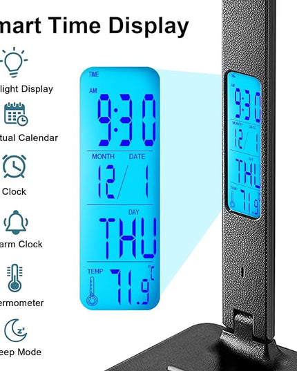 LAOPAO LED Desk Lamp with Wireless Charger, USB Charging Port, Adjustable & Foldable with Clock, Alarm, Date, Temperature, 5-Level Dimmable Lighting, for Office with Adapter - LeafyLoom