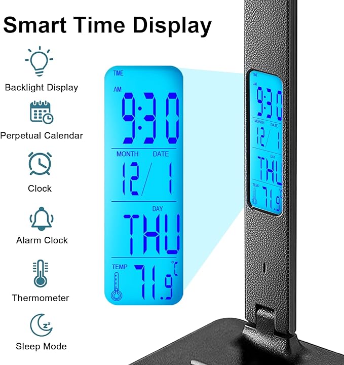 LAOPAO LED Desk Lamp with Wireless Charger, USB Charging Port, Adjustable & Foldable with Clock, Alarm, Date, Temperature, 5-Level Dimmable Lighting, for Office with Adapter - LeafyLoom