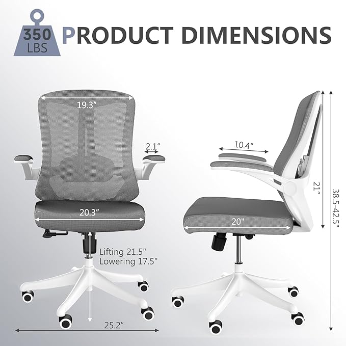 Office Chair with 350LBS Capacity, Ergonomic Comfort Home Desk Chair, Mid Back Gaming Chair with Wheels, Adjustable Height, Lumbar Support, Flip-up Armrest - LeafyLoom