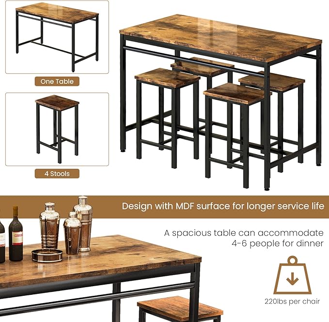 DKLGG Dinner Table Set for 4, Modern Kitchen Table and Chairs for 4 Wooden Top and Adjustable Metal Legs, Small Dining Room Table Set 5 Pieces Compact Design for Small Space - LeafyLoom