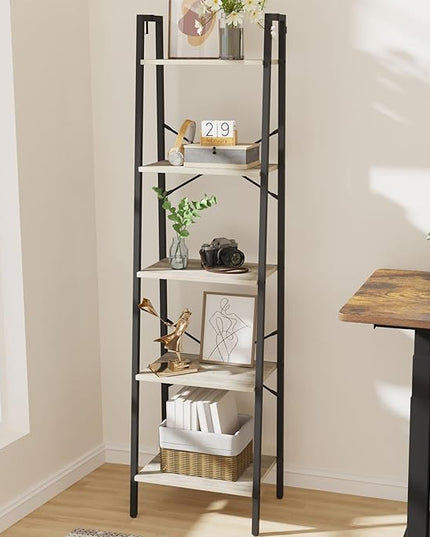 Ladder Shelf, Bookshelf Bookcase, Freestanding Corner Storage Shelve with 2 Hooks for Home Office, Living Room, Kitchen, Bedroom, Industrial, 5-Tier Greige BC19205B - LeafyLoom