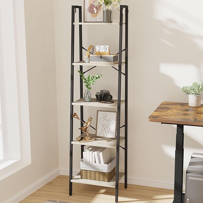 Ladder Shelf, Bookshelf Bookcase, Freestanding Corner Storage Shelve with 2 Hooks for Home Office, Living Room, Kitchen, Bedroom, Industrial, 5-Tier Greige BC19205B - LeafyLoom