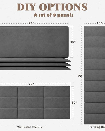 Queen Headboard, Wall Mounted Peel and Stick Headboard, Upholstered Leather Bed Headboard for Queen Size Bed, Floating Dorm Bedroom Tall Headboard Soundproof Wall Panels (9 Panels, 10"x24") - LeafyLoom