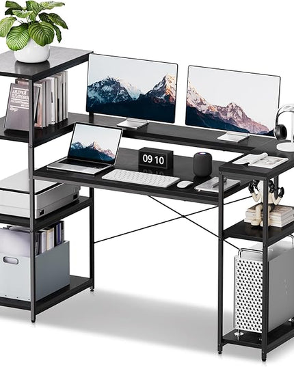 63-Inch Home Office Desk with Storage Shelves, Gaming Computer Desk with Monitor Stand and Printer Shelf for Study, Writing, PC Work - LeafyLoom