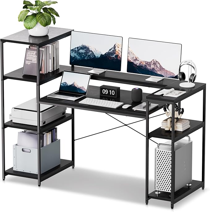 63-Inch Home Office Desk with Storage Shelves, Gaming Computer Desk with Monitor Stand and Printer Shelf for Study, Writing, PC Work - LeafyLoom