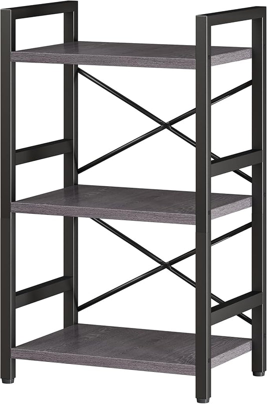 Bookshelf, 3 Tier Industrial Bookcase, Metal Small Bookcase, Rustic Etagere Book Shelf Storage Organizer for Living Room, Bedroom, and Home Office(Grey) Patent Pending D29873033 - LeafyLoom