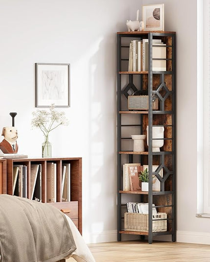 YITAHOME Narrow Bookshelf, 5-Tier Industrial Book Shelf Storage Rack, Display Shelves Stand Etagere for Small Spaces, Open Bookcase for Bedroom Living Room Bathroom Kitchen, Rustic Brown - LeafyLoom