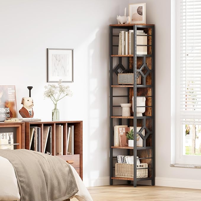 YITAHOME Narrow Bookshelf, 5-Tier Industrial Book Shelf Storage Rack, Display Shelves Stand Etagere for Small Spaces, Open Bookcase for Bedroom Living Room Bathroom Kitchen, Rustic Brown - LeafyLoom