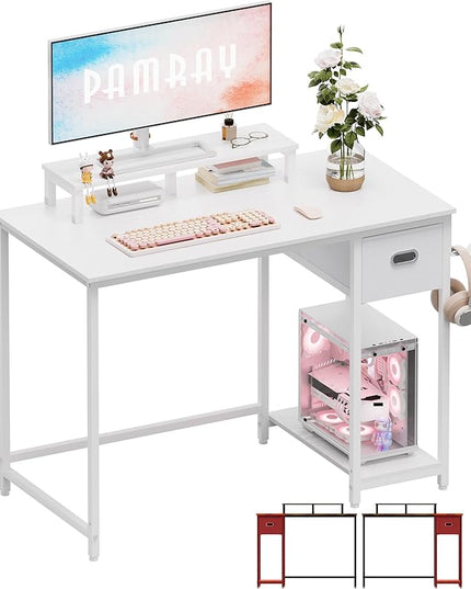 Pamray 39 Inch Computer Desk with Monitor Stand Small Home Office Desks with Non-Woven Storage Drawer for Bedroom Study Table Writing and Work Desk White,White Leg - LeafyLoom