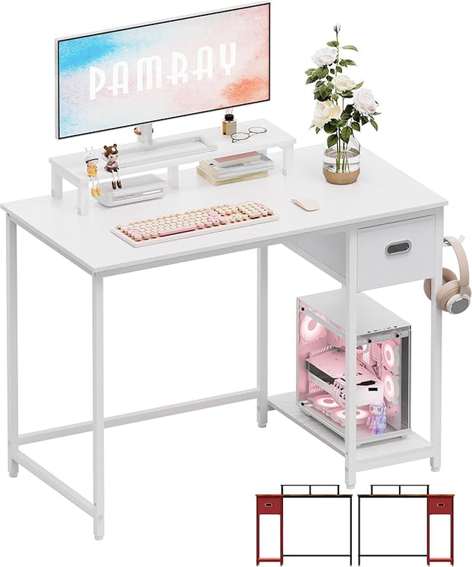 Pamray 39 Inch Computer Desk with Monitor Stand Small Home Office Desks with Non-Woven Storage Drawer for Bedroom Study Table Writing and Work Desk White,White Leg - LeafyLoom
