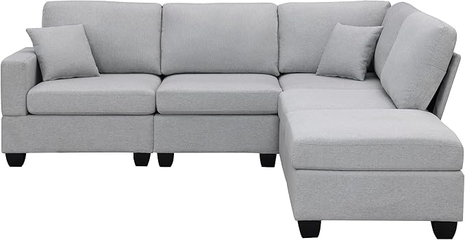 90" Sectional Couch, 5-Seat Modular Sectional Sofa with Convertible Ottoman, L-Shape Corner Sofa Set with 2 Pillows for Living Room, Apartment, Office - LeafyLoom