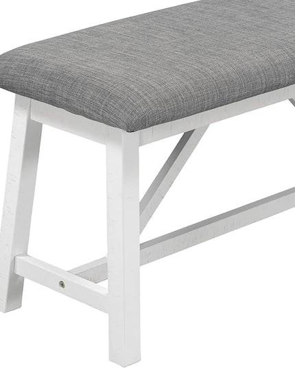 6-Piece Wood Rectangle Dining Table Set with Bench and 4 Upholstered Chairs for Kitchen Living Room, Farmhouse Rustic Style, White+Gray, 60" L x 36" W x 29.9" H - LeafyLoom