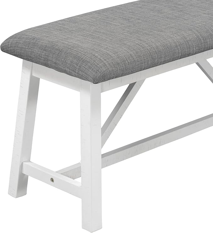 6-Piece Wood Rectangle Dining Table Set with Bench and 4 Upholstered Chairs for Kitchen Living Room, Farmhouse Rustic Style, White+Gray, 60" L x 36" W x 29.9" H - LeafyLoom