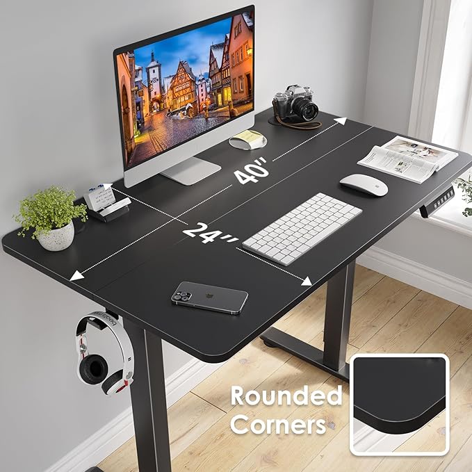 STARY Electric Adjustable Height Sit Stand Home Office Desk with Splice Board, 40x24, Black Desktop/Black Frame - LeafyLoom