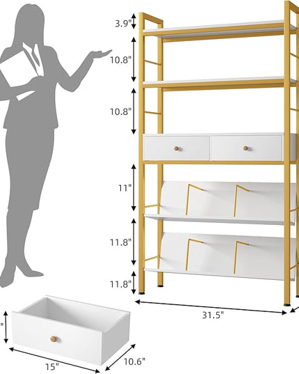 Bookshelf with Drawers- Widen Industrial Book Shelf with Bookend, 5 Tiers Tall Storage Shelves, Steel Frame Display Rack, Suitable for Bedroom, Office, Living Room-27'' Depth White - LeafyLoom