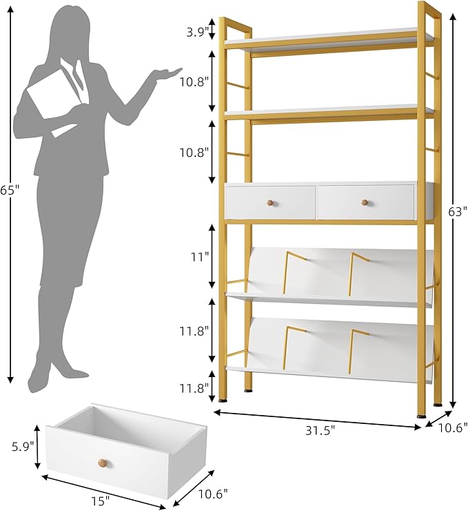 Bookshelf with Drawers- Widen Industrial Book Shelf with Bookend, 5 Tiers Tall Storage Shelves, Steel Frame Display Rack, Suitable for Bedroom, Office, Living Room-27'' Depth White - LeafyLoom