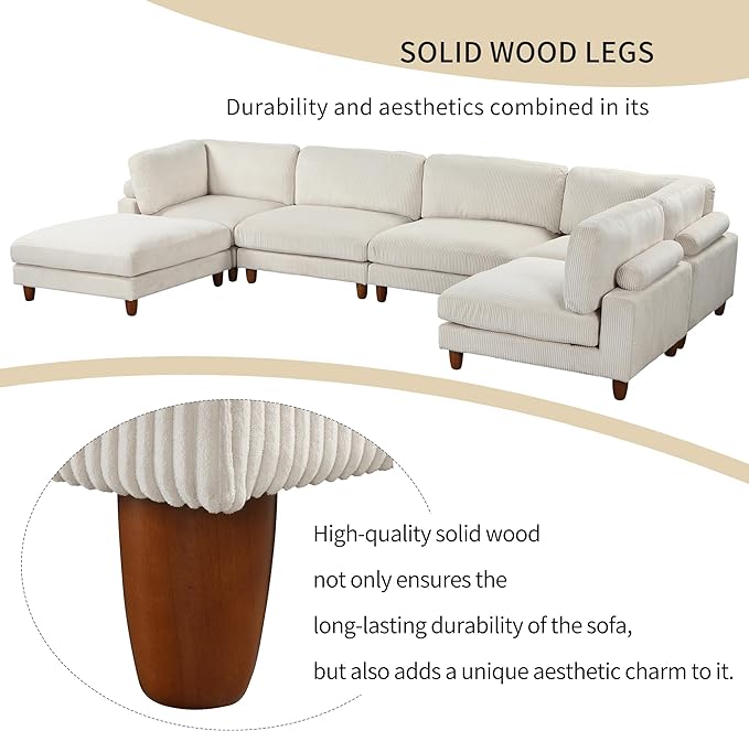 Free Combination Convertible Modular Sectional Sofa with Movable Ottomans , 163'' Oversized Corduroy Upholstered Sleeper Corner Couch Sofabed with Wooden Legs and Detachable Cushions for Living Room - LeafyLoom