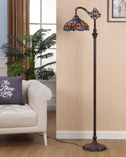 Bieye L10702 Dragonfly Tiffany Style Stained Glass Floor Reading Lamp with 12 Inch Wide Lampshade Metal Base, Adjustable Light Direction, 62 inch Tall, Blue Orange - LeafyLoom
