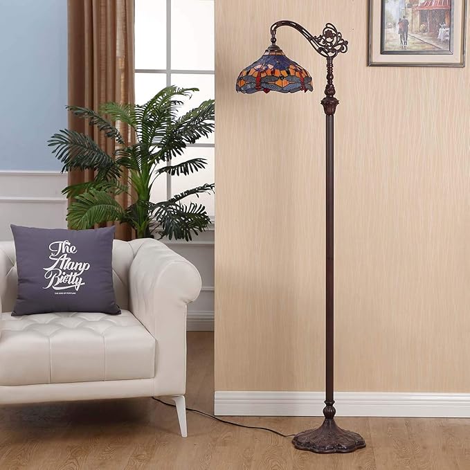 Bieye L10702 Dragonfly Tiffany Style Stained Glass Floor Reading Lamp with 12 Inch Wide Lampshade Metal Base, Adjustable Light Direction, 62 inch Tall, Blue Orange - LeafyLoom