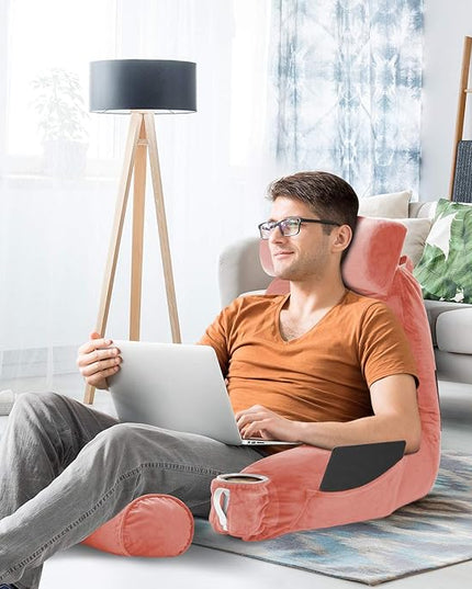 Clara Clark Reading Pillow, Large Back Pillow for Sitting Up in Bed, Memory Foam Back Support Pillow, Reading Pillows for Sitting in Bed Adult, Misty Rose Sit Up Pillow for Bed with Arms and Pockets - LeafyLoom