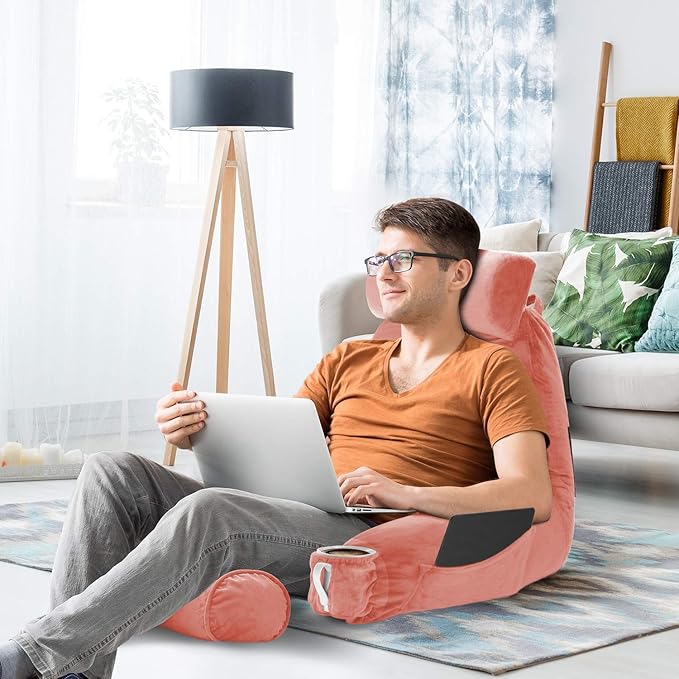 Clara Clark Reading Pillow, Large Back Pillow for Sitting Up in Bed, Memory Foam Back Support Pillow, Reading Pillows for Sitting in Bed Adult, Misty Rose Sit Up Pillow for Bed with Arms and Pockets - LeafyLoom