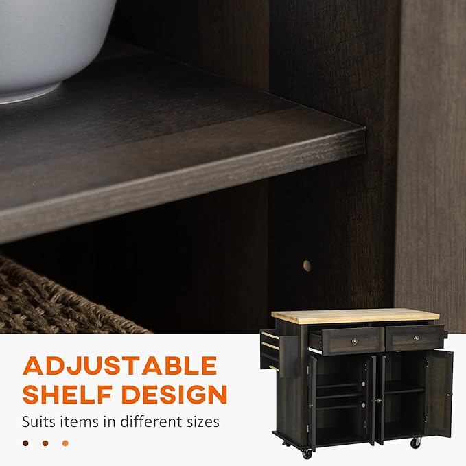 HOMCOM Kitchen Island on Wheels, Rolling Cart with Rubberwood Top, Spice Rack, Towel Rack and Drawers for Dining Room, Brown Oak - LeafyLoom