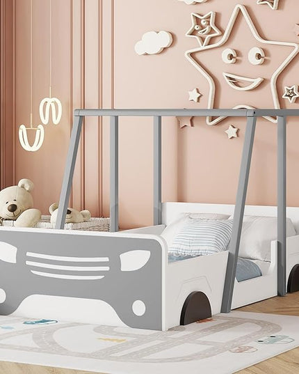 Toddler Twin Size Car Bed with Roof & Door,Wooden Car-Shaped Floor Bedframe W/Safety Guardrail,Racecar Design,Easy Assembly,Montessori Inspired Bedroom Furniture for Boys Kids Teens,Grey - LeafyLoom