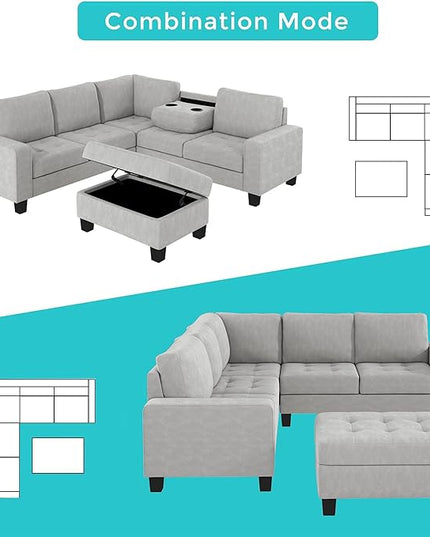 Sectional Sofa Couch w/Ottoman & Chaise, Upholstered L Shape Modular Sofa&Couch,Button Tufted Comfy for Living Room Furniture Sets, Home, LIGHT GREY CupHolders - LeafyLoom