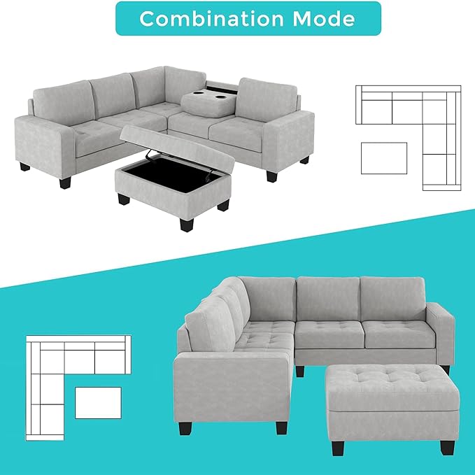 Sectional Sofa Couch w/Ottoman & Chaise, Upholstered L Shape Modular Sofa&Couch,Button Tufted Comfy for Living Room Furniture Sets, Home, LIGHT GREY CupHolders - LeafyLoom