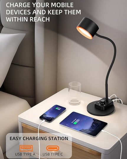 Desk Lamp, LED Desk Lamp with USB C + A Charging Ports, 5 Colors Fully Dimmable Eye Care Reading Lamp for Bedside Table Full Metal Efficient Gooseneck Table Lamp for Home Office Black - LeafyLoom