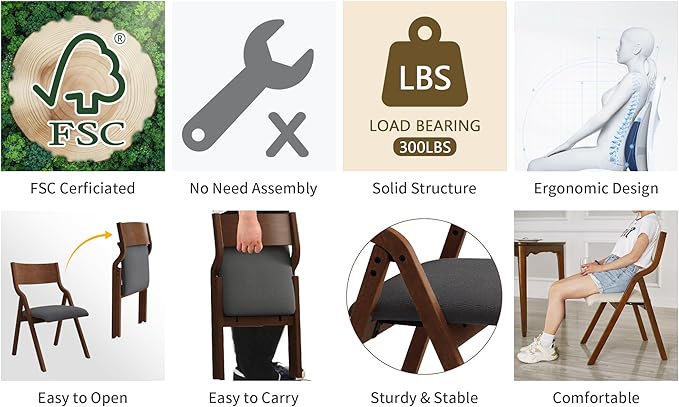 Ball & Cast Padded Folding Chairs 2 Pack,Solid Wood Frame,18" Seat Height,Space Saving,Easy to CarrySuitable for dining room, bedroom and outdoor, Dark gray - LeafyLoom