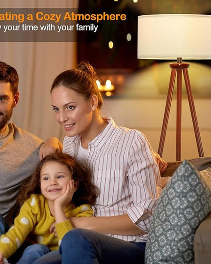 YUNHONG Tripod Floor Lamp, Dimmable Mid Century Floor Lamp Using Premium Flaxen Lamp Shade, Modern Design Standing Lamp with E26 Lamp Base, Wood Tall Floor Lamps for Living Room, Bedroom and Office - LeafyLoom