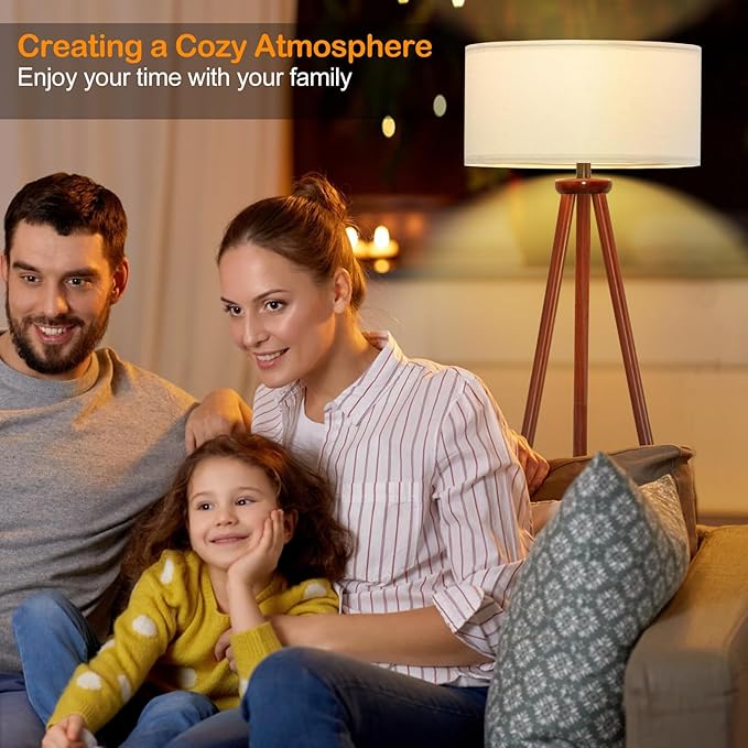 YUNHONG Tripod Floor Lamp, Dimmable Mid Century Floor Lamp Using Premium Flaxen Lamp Shade, Modern Design Standing Lamp with E26 Lamp Base, Wood Tall Floor Lamps for Living Room, Bedroom and Office - LeafyLoom