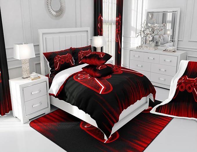 Feelyou Gamer Comforter Set Twin Size Kids Game Controller Comforter for Boys Teens Red Black Bedding Set Gaming Duvet Set Room Decor Quilt Set - LeafyLoom
