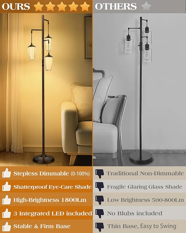 ELYONA Rustic Dimmable Floor Lamp for Bedroom, 24W LED Reading Light Remote & Touch Control, Stepless Adjustable 2200K-6500K Colors & Brightness, 3-Light Standing Lamp for Living Room Office, Bronze - LeafyLoom
