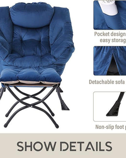 LITA Lazy Chair with Ottoman, Modern Accent Leisure Upholstered Sofa Chair, Contemporary Lounge Reading Chair with Armrests and a Side Pocket for Living Room, Bedroom & Small Space, Royal Blue - LeafyLoom