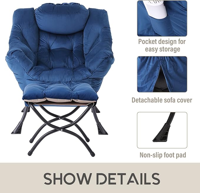 LITA Lazy Chair with Ottoman, Modern Accent Leisure Upholstered Sofa Chair, Contemporary Lounge Reading Chair with Armrests and a Side Pocket for Living Room, Bedroom & Small Space, Royal Blue - LeafyLoom