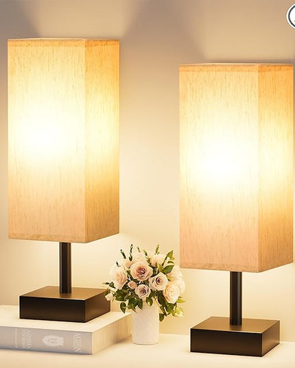 Small Table Lamps Set of 2 - Beige, Minimalist Lamps Set, Square Fabric Shade, for Kids Room Office Dorm, Push Button, Bulb NOT Included - LeafyLoom