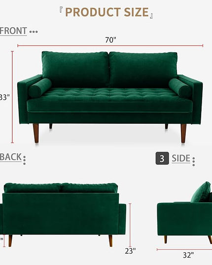 Velvet Furniture for Small Spaces, Mid-Century Modern Loveseats for Living Room, Love Seat Couch Sofas, 70 Inches, Green - LeafyLoom