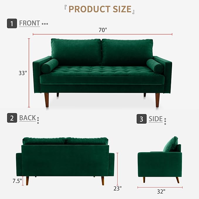 Velvet Furniture for Small Spaces, Mid-Century Modern Loveseats for Living Room, Love Seat Couch Sofas, 70 Inches, Green - LeafyLoom