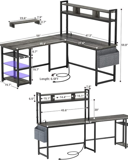 Aheaplus L Shaped Desk with Power Outlet & LED Strip, Reversible L-Shaped Corner Computer Desks Gaming Desk with Storage Shelf & Monitor Stand, Modern 2 Person Home Office Desk Writing Desk, Grey Oak - LeafyLoom