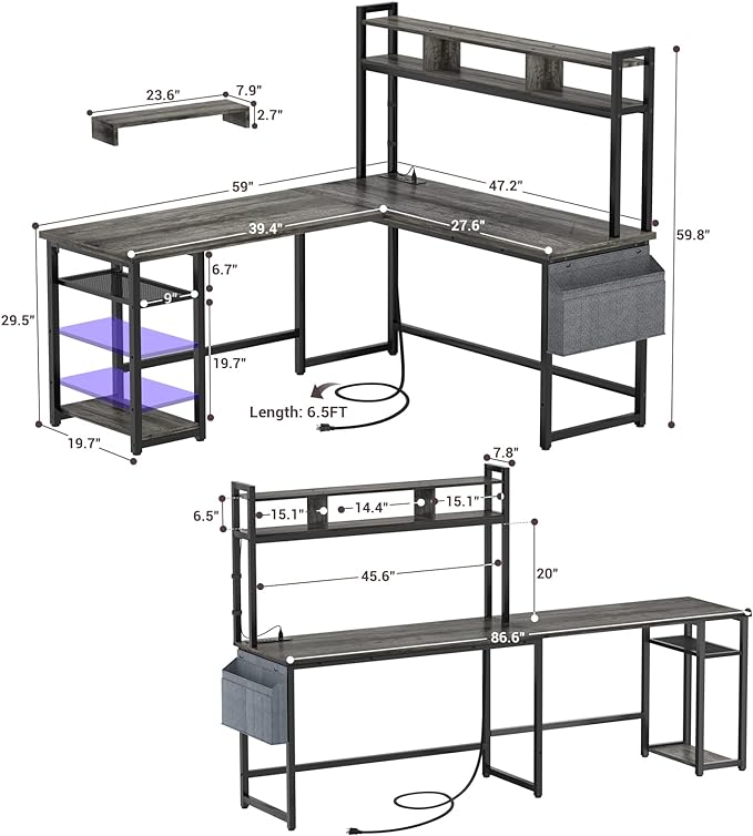Aheaplus L Shaped Desk with Power Outlet & LED Strip, Reversible L-Shaped Corner Computer Desks Gaming Desk with Storage Shelf & Monitor Stand, Modern 2 Person Home Office Desk Writing Desk, Grey Oak - LeafyLoom