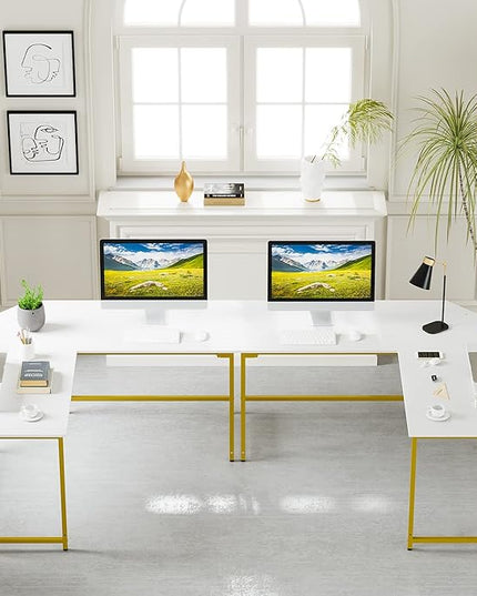 Elephance 59" L Shaped Desk Corner Computer Desk Gaming Table with Monitor Stand Workstation for Home Office (Large, White+ Gold Frame) - LeafyLoom