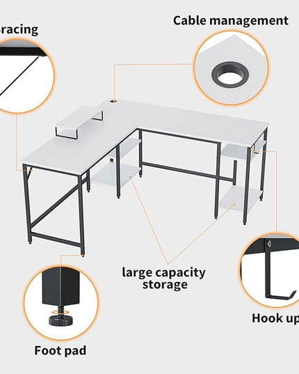 BANTI L Shaped Desk with Storage, 59 Inch Reversible Corner Computer Desk or 2 Person Long Table Desk, Home Office Large Gaming Writing Storage Workstation with Monitor Stand, White - LeafyLoom