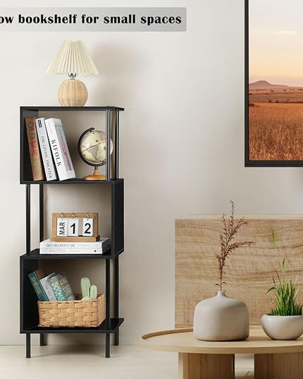 smusei 4 Tier Bookshelf for Small Spaces Narrow Black Bookcase Organizer S-Shaped Wood Corner Bookshelves for Bedroom, Study Room, Living Room and Home Office - LeafyLoom