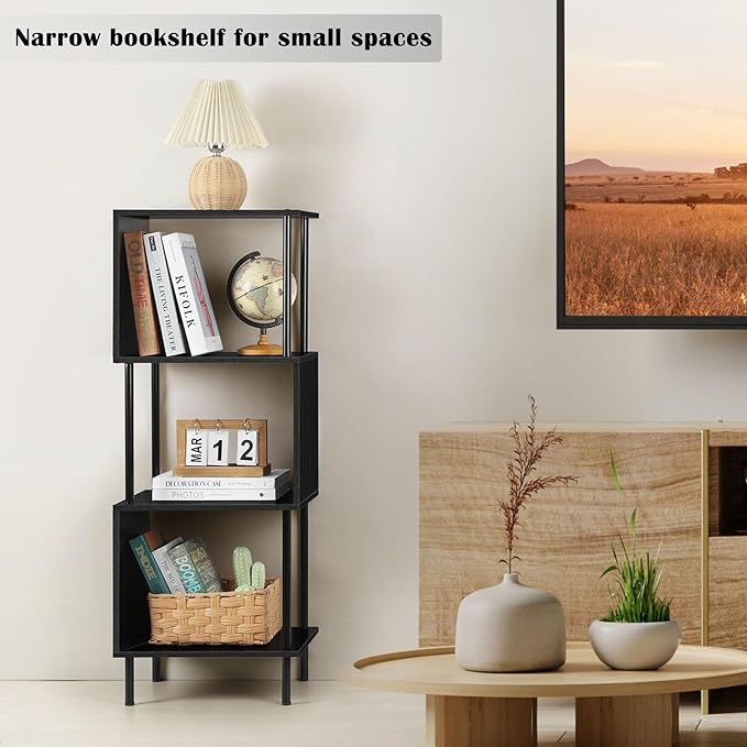 smusei 4 Tier Bookshelf for Small Spaces Narrow Black Bookcase Organizer S-Shaped Wood Corner Bookshelves for Bedroom, Study Room, Living Room and Home Office - LeafyLoom